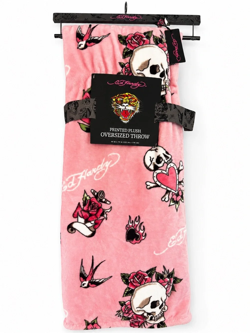 Ed Hardy Pink Oversized Plush Throw Blanket Skull Rose Tattoo Print 60x70 NWT